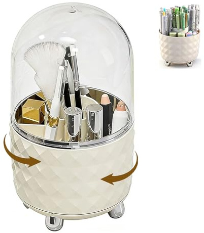 LuxTerra Portapennelli per Trucchi, Organizzatore di Cosmetici Rotante, Antipolvere Contenitore per Trucchi, Portapenne Rotante, per Pennelli e Penne per Trucco (Bianco Latte)