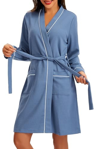 Lovasy Waffle Dressing Gown Womens Cotton Bathrobe Ladies Knee Length Dressing Gowns Lightweight Housecoat