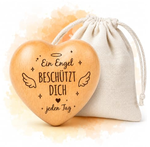 Handschmeichler Glücksbringer – Holz-Herz mit Gravur „Ein Engel BESCHÜTZT DICH jeden Tag“ – Glücksbringer Prüfung, Mutmacher Geschenk, Schutzengel-Motivationsgeschenk, Deko für Familie & Freunde