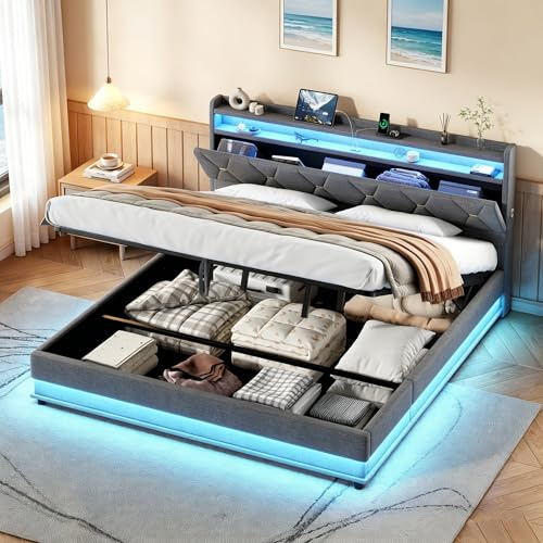 Super King Size Ottoman Bed with LED Concealed Storage Headboard, 6ft Upholstered Platform Bed Frame with LED Lighting & Charging Station, Hydraulic Gas Lift Up Fabric Storage Bed, Grey, No Mattress