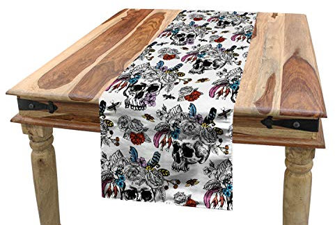 ABAKUHAUS gotisch Tischläufer, Tag des Toten Schädels, Esszimmer Küche Rechteckiger Dekorativer Tischläufer, 40 x 180 cm, Schwarz Weiß Lila