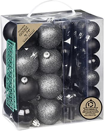 Weihnachtskugeln Kunststoff 4cm-6cm 39er Set mit Christbaumspitze Christbaumkugeln (Schwarz Mix)