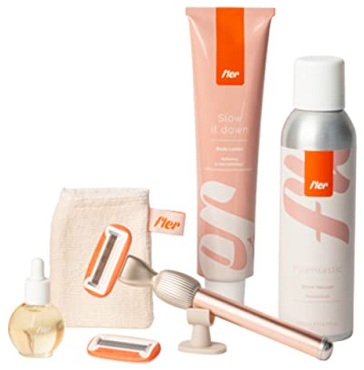 Fler Dream Team Set - Maquinilla de Afeitar para Mujer con Soporte y 2 Cuchillas de Repuesto, Espuma de Depilación, Aceite Post Depilación y Crema Corporal, Cuchillas Unisex con Aloe Vera (Rosa)