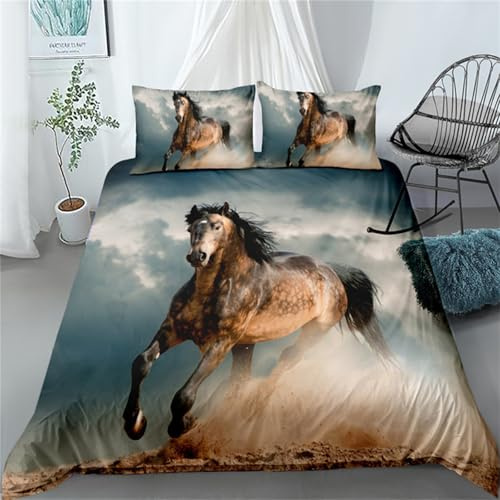 TULTOAP Juego de Ropa de Cama Infantil diseño de Caballos Corriendo, diseño de Animales y Caballos, Funda nórdica para niños, jóvenes, con Cremallera y Funda de Almohada (marrón, 135 x 200 cm)