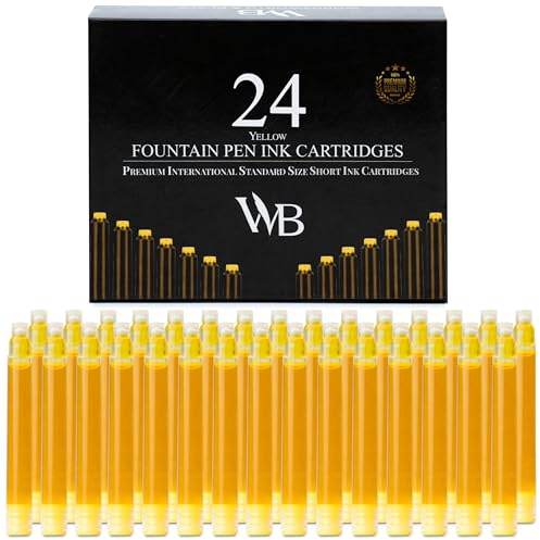Wordsworth & Black Fountain Pen Ink Cartridge Refills, 24 Pack, Yellow | Fits Most Pens, Short Size, Smooth Flow, Quick-Drying, Journaling Calligraphy, Generic Disposable, Vegan