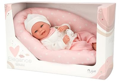 Arias - Muñeco Elegance Colin, muñeco de Peso 2.5 kg, bebé Realista de 40 cm, Pijama Blanco y Rosa, con cojín y Chupete, Cuerpo Blando y extremidades de Vinyl, niños y niñas +0 años (ARI60762)