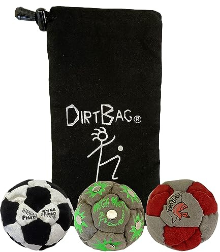 DIRTBAG Lover Footbag Hacky Sack 3-Pack with Pouch, Includes Three Original and Unique Premium Quality Hand Sewn Footbags and Carry Pouch. (Black/White, Grey, Red/Grey, Blck Pouch)