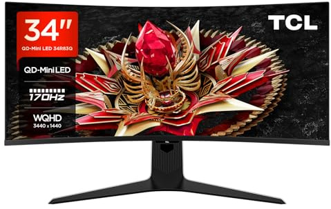 TCL 34R83Q 34 Zoll WQHD Mini-LED 1500R Curved Gaming Monitor 170Hz, 1ms Reaktionszeit, AMD FreeSync, Auflösung 3440 x 1440, 21:9, 1600nits, Display HDR1400, Flickerfrei, 90W Type-C