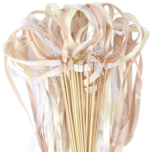 30 Stück Zauberstäbe Hochzeit Luftschlangen mit Glocke, Seidenfeenstab, Wedding Wands für Hochzeiten, Geburtstage, Feiertagsfeiern (Champagner)