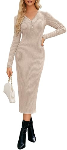 OUGES Women's Wool Blend Maternity Photoshoot Baby Shower Dress Stretchy Button Semi-Formal Bodycon Sweater Dresses(Apricot,M)