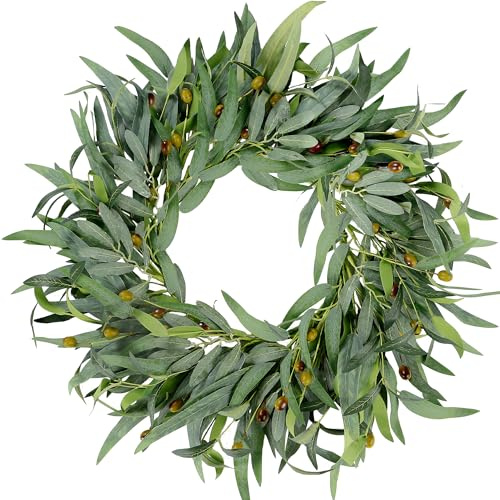 Sggvecsy Corona de Olivo Artificial para Puerta Delantera, Corona de vegetación de 22 Pulgadas con Hojas de Olivo, Corona de Hojas Verdes de Olivo, Corona de Primavera y Verano para Todas Las