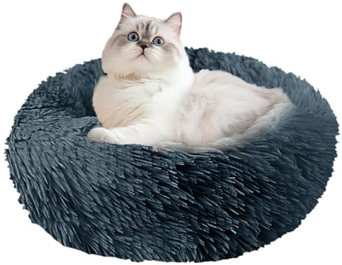 NAKIHOUSE Dog Bed Cat Bed, Round Plush Pet Bed, Soft, Warm & Washable Dog/Cat Cushion with Non-Slip Bottom for Indoor Puppy & Kitten, 50 cm, Dark Grey