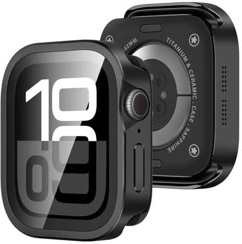 Amizee Metallfodral kompatibelt med Apple Watch Series 11/10 42 mm med härdat glas, ultratunn rak kant med heltäckande skyddshölje för iWatch 42 mm, svart
