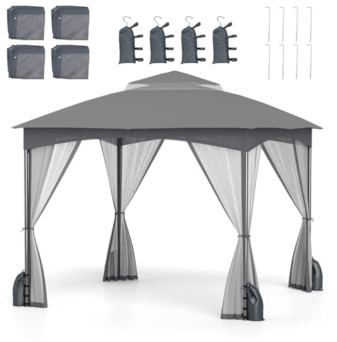 HOMASIS Cenador plegable con 4 partes laterales de malla, cenador exterior resistente con doble techo, bolsas de arena, gancho para lámparas y estacas, pabellón Pop Up para jardín (gris, 3 x 3 m)