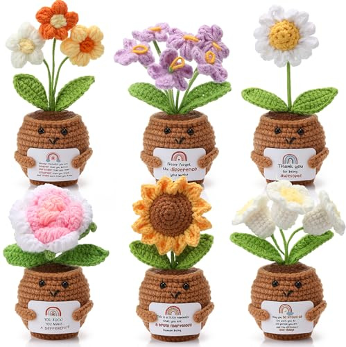 Geelin 6 Sets Positive Teacher Appreciation Gift Mini Crochet Flower Potted Doll with Card Emotional Rose Daisy Support Thank You Flowers Positive Gift for Mother's Day Coworker Employee Teacher