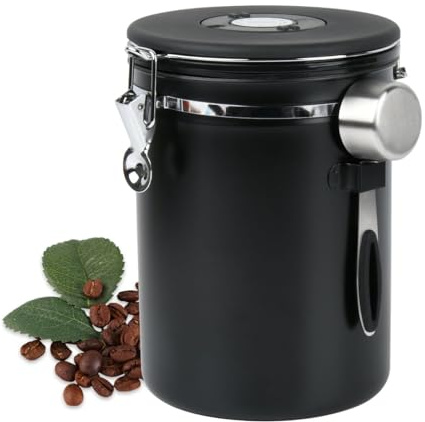BOPEUY Inossidabile 304 Contenitore per Caffè, Barattolo Caffè Ermetico con Cucchiaio, Contenitore per Chicchi di Caffè, Barattolo Caffe Ermetico 2,8L, Chicchi di Caffè, Tè e Noci - Nero