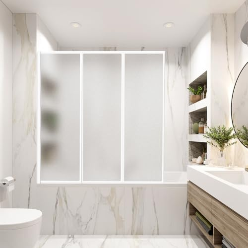 Vkechh Parete doccia per vasca da bagno 120 x 140 cm, pieghevole in 3 pezzi, in plastica PS infrangibile, parete doccia con telaio in alluminio bianco, paraspruzzi con struttura opaca a scelta