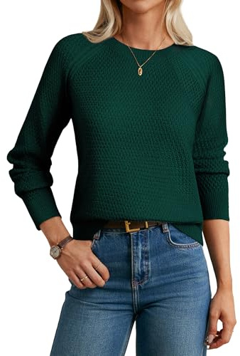 Women's Jumpers Long Sleeve Merino Wool Blend Sweater Crew Neck Classic Knitwear for Fall Winter Green M