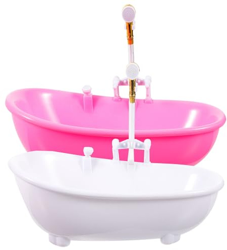 WHAMVOX 2Pcs Mini Doll Bathtubs with Electric Sprayers, Miniature Bath Tub for Dollhouse Decor, Preschool Bath Water Spray, Pink and White Set