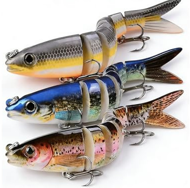 Lot de 3 Leurres de Peche Articulés 3D, Leurres de Pêche Wobbler Realistes à Multi-Articulations, Hameçons Triples pour Truite, Brochet, Perche – Eau Douce & Eau Salée, avec Boîte