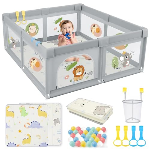 SPYLAVE Parque infantil para bebé con alfombra de juegos, parque infantil para bebés y niños pequeños con colchón, parque infantil estable y seguro (león gris, 120 x 120 cm)