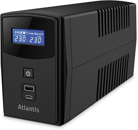 Atlantis A03-S1000P Gruppo di Continuità Onda PseudoSinusoidale 1000VA 600W Line Interactive, display LCD, doppia porta USB frontale, 2 uscite Schuko, cavo alim. integrato, USB, 1 batteria 12V-9Ah