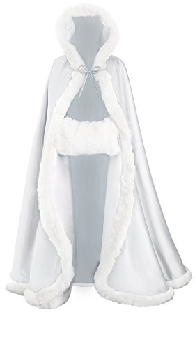 BEAUTELICATE Wedding Cape Hooded Cloak for Bride Winter Reversible with Fur Trim Free Hand Muff Length 50 White