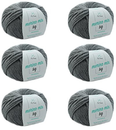 MyOma Merinowolle Zum Stricken - Stein (Fb 3021) - 6 Knäuel Grau - Dick + GRATIS Label - 50g/75m - Nadelstärke 6-7mm - Weich - 79€/kg