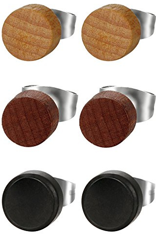 Cupimatch 3Pairs 3mm-12mm Screw Brown Stud Earrings Mens Wooden earrings Stainless Steel Cheater Fake Ear Plugs Gauges Illusion Tunnel for Father's Day