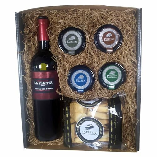 Deliex Pack Picoteo - Vino La Planta, un surtido de cremas de queso y deliciosos picos para acompañar, cesta gourmet para regalar o para degustar los amantes del queso y el vino.