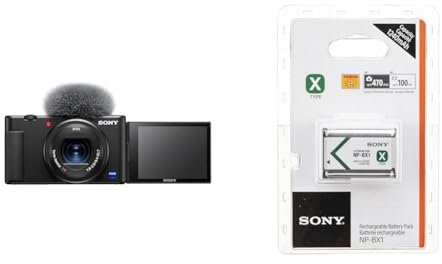 Sony Vlog-Kamera ZV-1 (Digitalkamera, 24-70mm, seitlich klappbares Selfie-Display für Vlogging & YouTube, 4K Video) + Zusatz Akku
