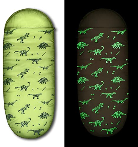 RIOYALO Kids Glow-in-the-Dark Dinosaur Sleeping Bag for Boys Camping Hiking - Machine Washable, Durable, Waterproof, Lightweight - Slumber Bag & Backpack 2 Pc Gift Set - Age 3-10 | 58 L X 27 W