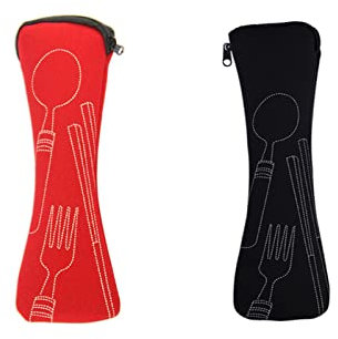 Cutlery Bag 2 Pack Portable Zipper Neoprene Travel Camping Picnic School Lunch Bag 20.5 x 5.5cm/Black/Red