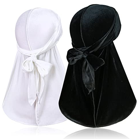Lot de 2 durags en velours pour 360 vagues, Silky Do Rag Durag avec queue extra longue et bretelles larges pour hommes et femmes, Noir/blanc, taille unique