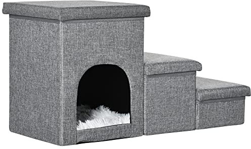 PawHut Dog Steps for Bed, 3 Step Pet Stairs with Kitten House and 2 Storage Boxes, 3 in 1 Dog Ramp for Sofa with Washable Plush Cushion, Light Grey