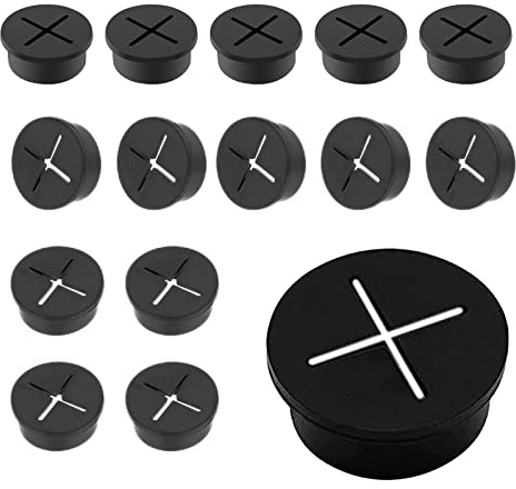 Kabelgenomföring flexibel silikon, 15 stycken kabelhål munstycken, 25 mm skrivbordskänsla, lämplig för möbler, skrivbord, konferensbord, erfarenheter skrivbord (svart)