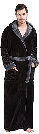 FashGudim Mens Robes Big and Tall with Hood Two-Tone Flannel Fleece Contrast Bathrobe Full Length Plush Long Robe Warm House Coat (Black & Grey, 5XL)