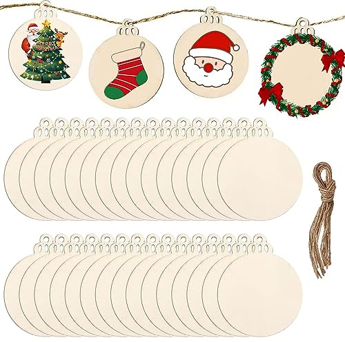 DRERIO 30 Bolas Redondas de Madera Natural para Colgar, Adornos Navideños Huecos con Cuerda, para Decoraciones DIY