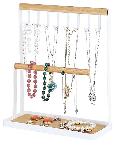BTGGG Jewellery Stand Holder Wooden Jewellery Organiser Necklace Hanging Ring Organizer 8 Hooks Jewelry Storage Earring Holder Tray Holds for Rings Necklaces Bracelets Watches
