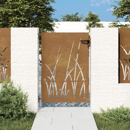 Homgoday Portail de jardin en métal - Porte de clôture - Porte de clôture - Porte d'entrée - Double porte - 85 x 150 cm - Design herbe en acier Corten