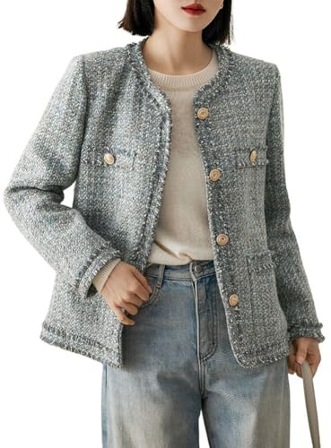 chouyatou Women's Elegant Houndstooth Tweed Jacket Button Down Fringed Tassel Blazer Jacket Coat (Large, Bluish Grey)