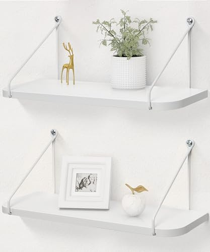 Afuly Vägghylla vitt trä, 42 cm hylla vägg med metallhållare, set om 2 | Trähyllor med synliga metallhållare och rundade kanter; för väggmontering för dekoration och förvaring av vardagsrummet.
