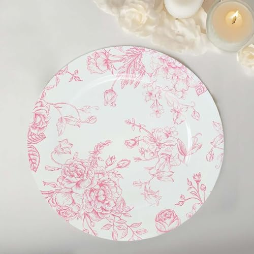 Efavormart 6 Pack White Pink Floral Acrylic Charger Plates in French Toile Pattern, Round Dinner Charger Event Tabletop Decor - 13