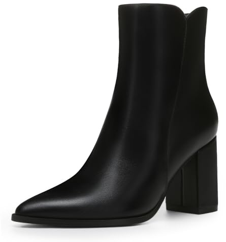 Athlefit Women's Heeled Ankle Boots Fashion Pointed Toe Chunky Block Heel Side Zipper Short Black Leather Boots Size 9