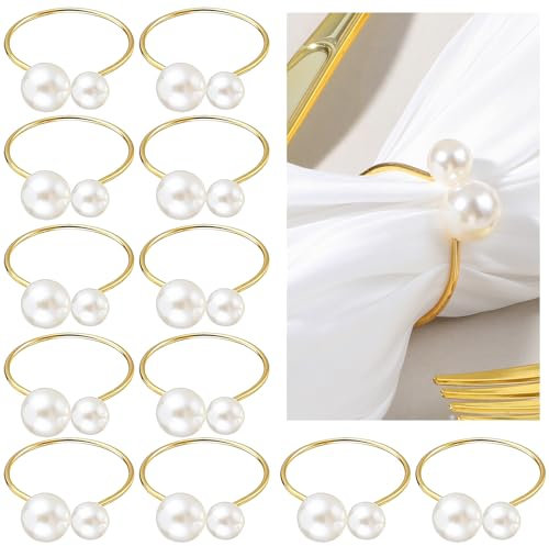 Prasacco Pearl Napkin Rings, Gold - 12 Pieces for Christmas, Weddings, Parties