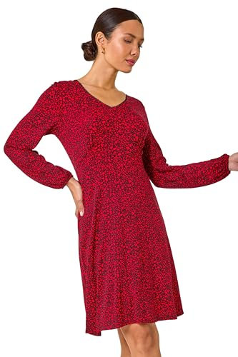 Roman Originals Fit & Flare Dress for Women UK - Ladies Stretchy Skater Swing A Line Everyday Tea Autumn Winter V-Neckline Comfy Soft Evening Vacation Work Party Night Out - Red Black - Size 12