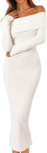 ELFIN Robe en Tricot élégante pour Femme Robes de Cocktail de soirée Épaules dénudées Manches Longues de Mariage Moulante