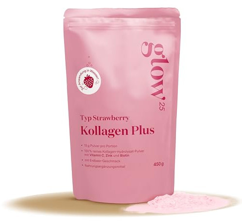 Glow25® Collagen Plus Pulver Strawberry [450g] – Kollagen Hydrolysat mit Vitamin C, Zink und Biotin – Peptide Typ 1 und 3 – Speziell für Wasser entwickelt – Mit Erdbeer-Geschmack