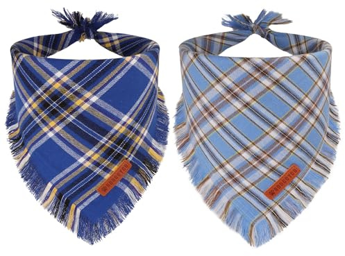 ADOGGYGO Dog Bandanas Boy with Tassels Edges, Stylish Blue Plaid Pet Scarf, Soft Cotton Fabric, Adjustable Reversible Plaid Bandanas for Medium Large Dogs (Large)