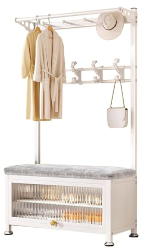 5-i-1 klädhängare med bänk- och skoförvaring, fristående hallträd, 8 krokar, stoppad kudde, snygg vit design, platsbesparande nizer (100 cm/39 tum)